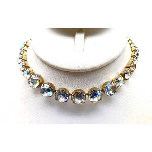 Glitzy Chaton Crystal Choker, Vintage Gold Tone Necklace with Clear Glamorous AB